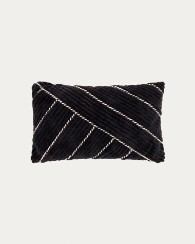 Federa cuscino Maik in velluto cotone nero con particolare di nastro a contrasto bianco 30 x 50 cm