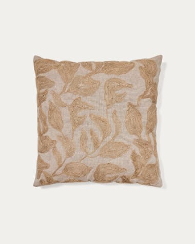 Sorima cushion cover in beige cotton and jute floral embroidery feature, 30 x 50 cm