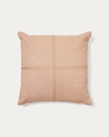 Sulken cushion cover in pink linen and a beige embroidery feature, 45 x 45 cm