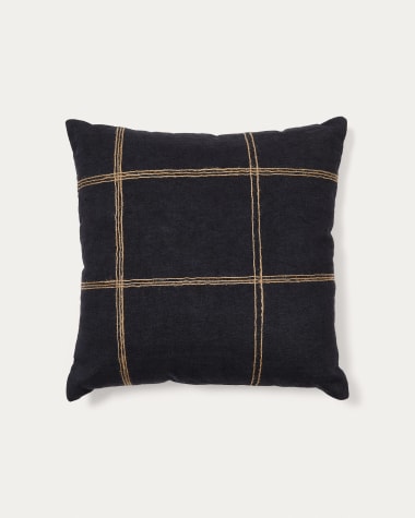 Poszewka na poduszkę Soalia z czarnej bawełny z haftem w paski z naturalnej juty 45 x 45 cm