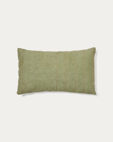 Sayema cushion cover in green linen cotton and natural jute embroidery feature, 30 x 50 cm