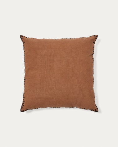 Satol cushion cover in brown cotton and a black embroidery feature, 45 x 45 cm