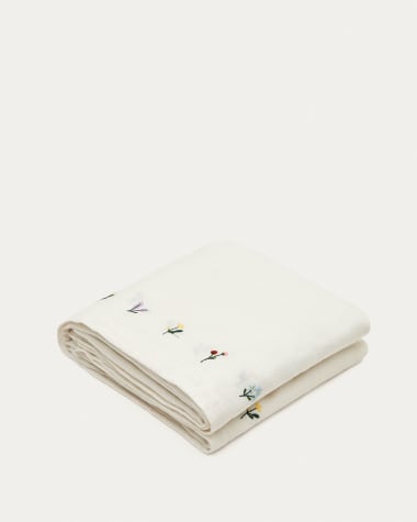 Mantel redondo Masha de algodón y lino blanco detalle bordado de hojas  lurex dorado Ø150cm