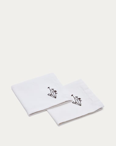 Mada set of 2 linen and white cotton napkins with brown flower embroidery