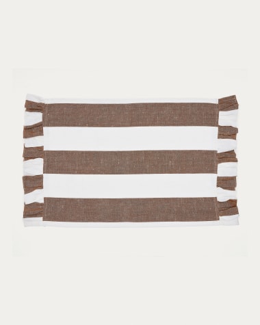 Maura set of 2 single cotton and linen tablecloths with white stripes and brown side ruffles