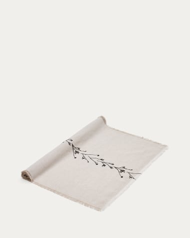 Mantel redondo Masha de algodón y lino blanco detalle bordado de hojas  lurex dorado Ø150cm