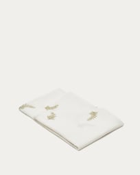Masha round white linen and cotton tablecloth with embroidered gold lurex leaf detail Ø150cm
