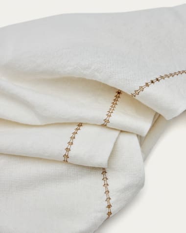 Okrągły obrus Malu z bawełny i lnu, biały z beżowym haftowanym detalem Ø 150 cm