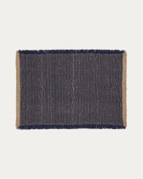 Set Silati di 2 tovagliette individuali in lino e cotone con frange blu