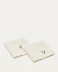 Set Sadurni de 2 serviettes 100% lin blanc avec broderie fleurs rouges et lilacs