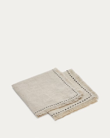 Montalt set of two 100% linen napkins with beige fringes and black contrast stitching