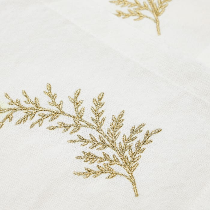 Set Masha di 2 tovaglioli in cotone e lino bianco con particolare di foglie  ricamate in lurex dorato