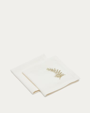 Set van 2 witte katoenen en linnen Masha-servetten met goud lurex geborduurde bladeren.