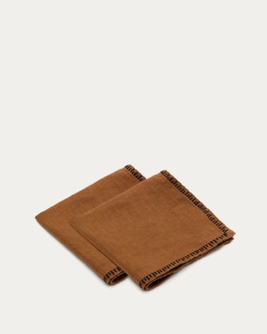 Sanpola set of 2 brown embroidered napkins 100% linen