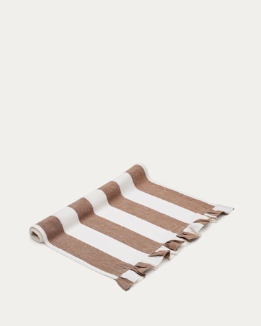 Chemin de table Maura en coton et lin blanc et marron avec volants latéraux 50 x 150 cm