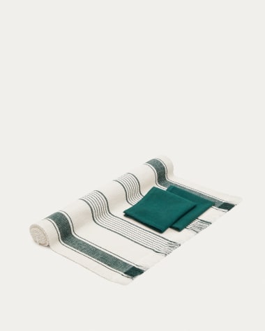 Sonima table runner and 2 napkin set, 100% cotton with beige and green stripes