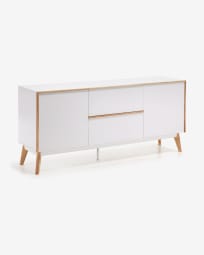 Melan solid rubber wood sideboard with 2 doors and 2 drawers in white lacquer, 160 x 72 cm