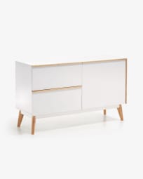 Melan solid rubber wood sideboard with 1 doors and 2 drawers in white lacquer, 120 x 72 cm