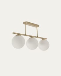 Mahala ceiling light with steel detail and brass finish and three frosted glass spheres
