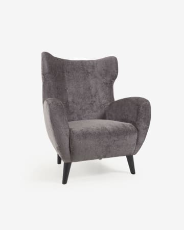 Poltrona Patio in ciniglia grigio e gambe in legno massello di caucciù nero