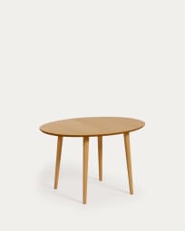 Ανοιγόμενο τραπέζι Oqui, οβάλ, καπλαμάς δρυός και πόδια σε μασίφ ξύλο, Ø120(200)x90εκ