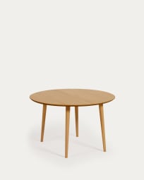 Oqui ronde uitschuifbare tafel in eiken fineer met massief houten poten Ø 120(200) x 120cm