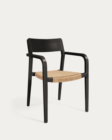 Better stackable chair in solid acacia wood with matt black finish and beige paper rope