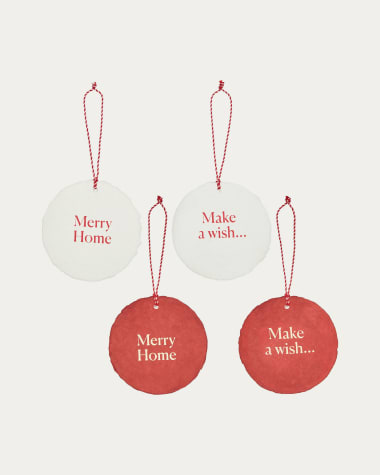 Nathaniel set van 4 hangende kerstballen in wit en rood papier